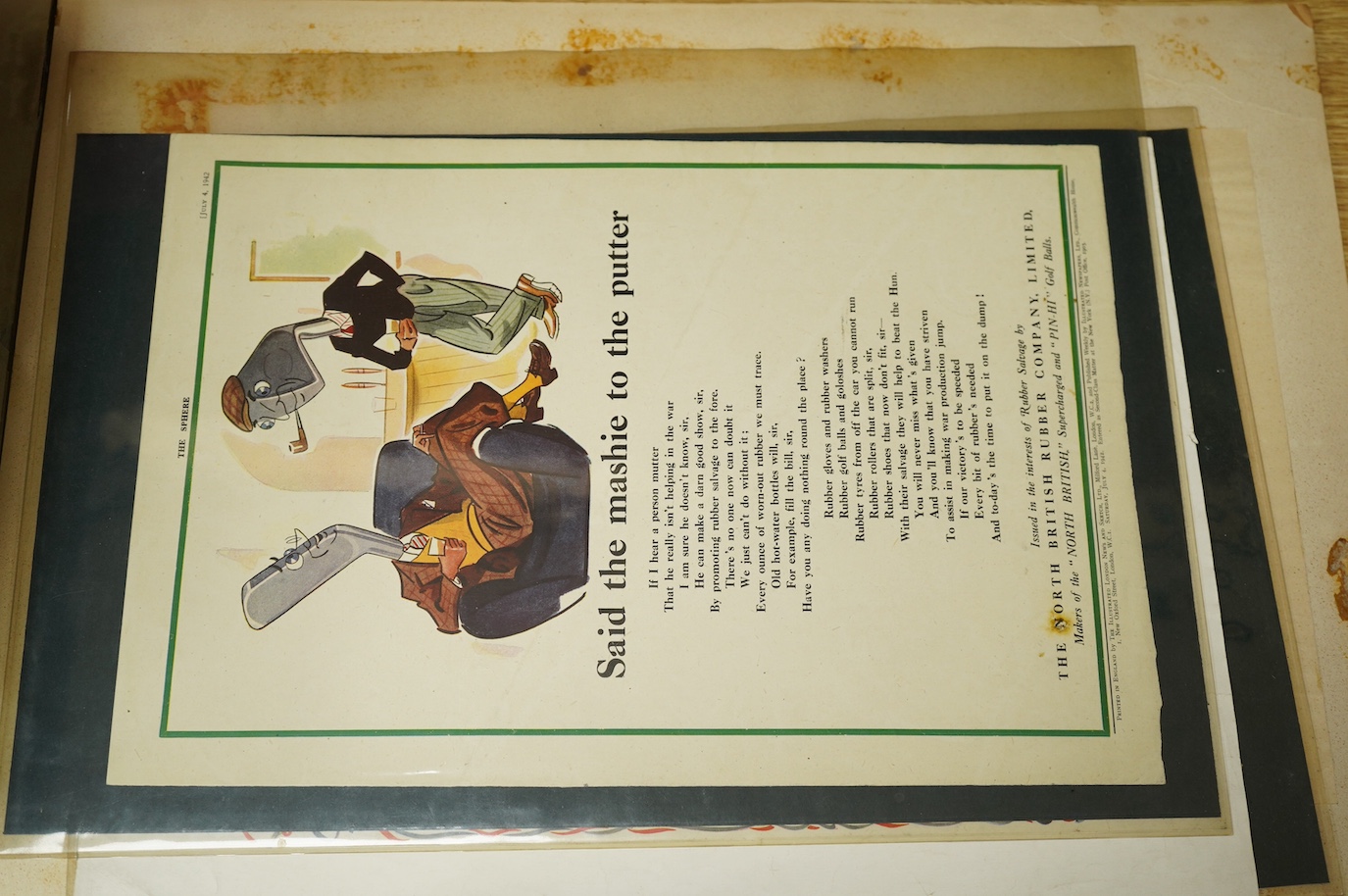 An archive of original designs for the North British Rubber Company to include 'Supercharged Golf Ball, by Percy Caesar, unframed, largest 38 x 28cm. Condition - fair, some discolouration throughout